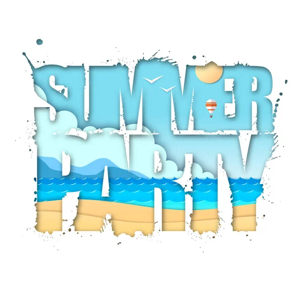 Summer party typography poster with beach and ocean waves. Cut out paper art style design — Stock Vector