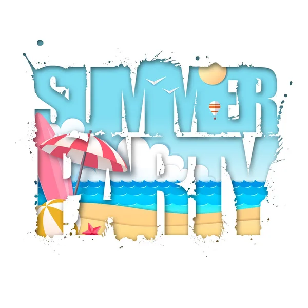 Летняя вечеринка типографический плакат с пляжными и океанскими волнами. Вырезать дизайн стиля бумажного искусства — стоковый вектор