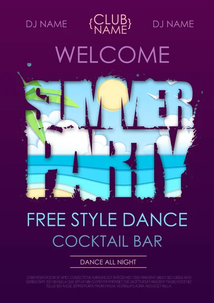 Summer disco party typography poster with beach and ocean waves. Cut out paper art style design — Stock Vector