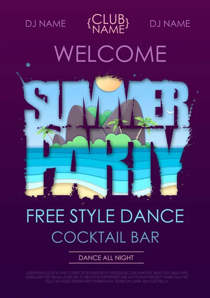 Sommar Disco Party typografi affisch med strand och havsvågor. Klipp ut papper konst stil design — Stock vektor