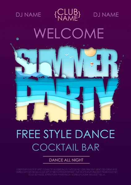 Sommer-Disco-Party-Typografie-Poster mit Strand und Meereswellen. ausgeschnittene Papier Art Stil Design — Stockvektor