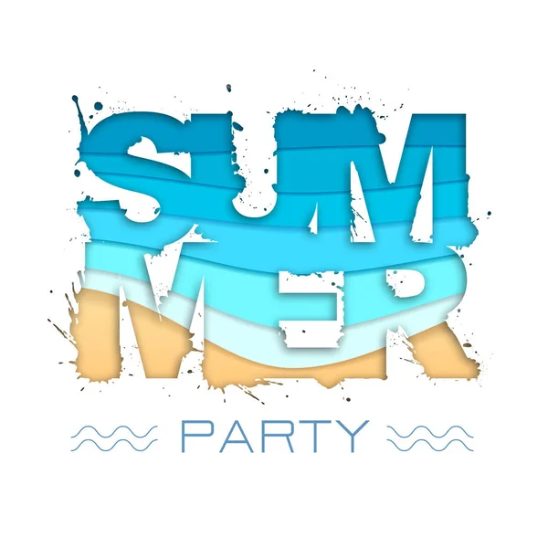 Poster typographique fête d'été avec plage et vagues océaniques. Découpez la conception de style art papier — Image vectorielle