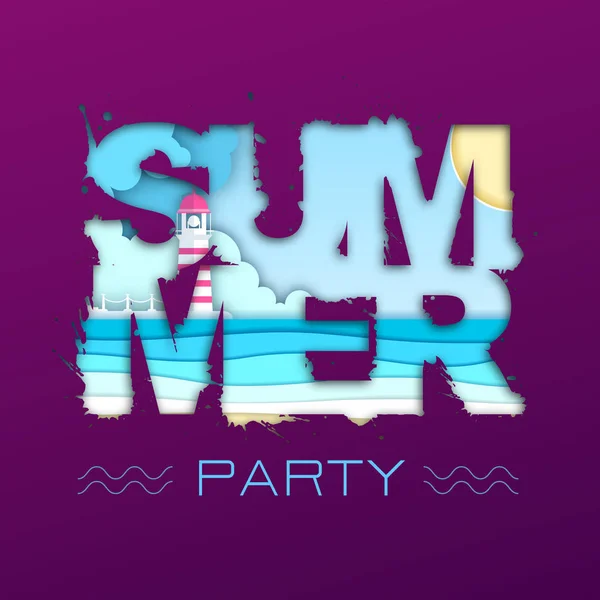 Cartel de tipografía de fiesta de verano con olas de playa y océano. Cortar diseño de estilo de arte de papel — Vector de stock