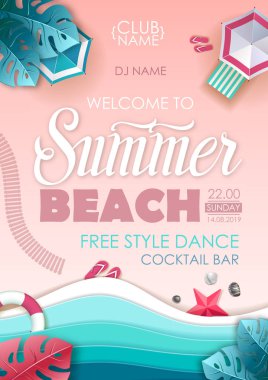 Yaz plaj parti afişi. Okyanus arka plan ile tropik yaz plaj üst görünümü. Kağıt kesme sanat tasarımı