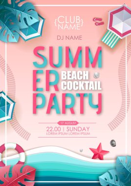 Yaz plaj kokteyli parti afişi. Okyanus arka plan ile tropik yaz plaj üst görünümü. Kağıt kesme sanat tasarımı