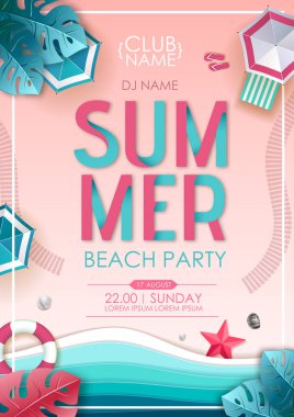 Yaz plaj parti afişi. Okyanus arka plan ile tropik yaz plaj üst görünümü. Kağıt kesme sanat tasarımı