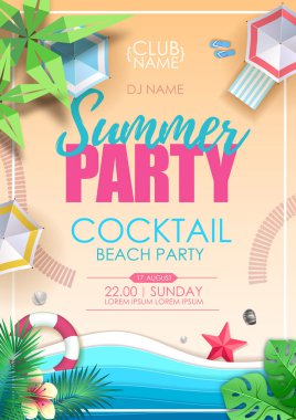 Yaz kokteyli plaj parti afişi. Okyanus arka plan ile tropik yaz plaj üst görünümü. Kağıt kesme sanat tasarımı