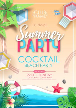 Yaz kokteyli plaj parti afişi. Okyanus arka plan ile tropik yaz plaj üst görünümü. Kağıt kesme sanat tasarımı
