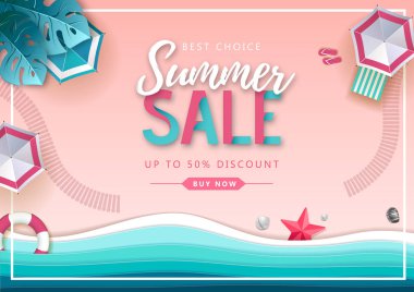 Plaj manzara ve deniz dalgaları ile Büyük yaz satış üst görünüm afiş. Kağıt stili tasarımını kesin
