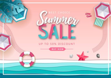 Plaj manzara ve deniz dalgaları ile Büyük yaz satış üst görünüm afiş. Kağıt stili tasarımını kesin