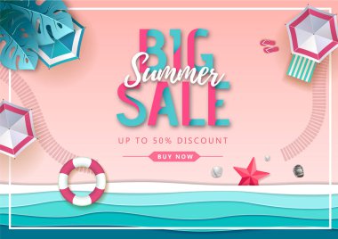 Plaj manzara ve deniz dalgaları ile Büyük yaz satış üst görünüm afiş. Kağıt stili tasarımını kesin
