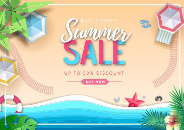 Plaj manzara ve deniz dalgaları ile Büyük yaz satış üst görünüm afiş. Kağıt stili tasarımını kesin