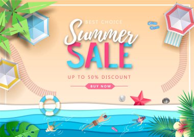 Plaj manzara ve deniz dalgaları ile Büyük yaz satış üst görünüm afiş. Kağıt stili tasarımını kesin
