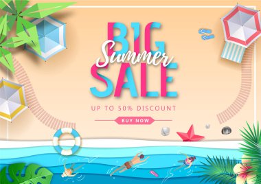 Plaj manzara ve deniz dalgaları ile Büyük yaz satış üst görünüm afiş. Kağıt stili tasarımını kesin