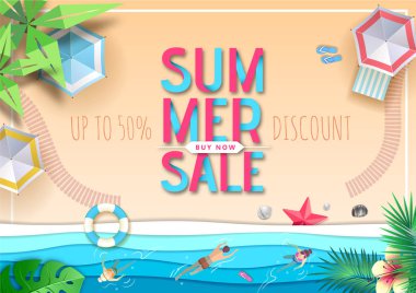 Plaj manzara ve deniz dalgaları ile Büyük yaz satış üst görünüm afiş. Kağıt stili tasarımını kesin