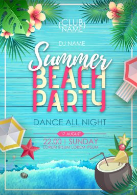 Tropik yaprakları ile ahşap grunge arka plan üzerinde Tipografi yaz plaj kokteyl parti afiş