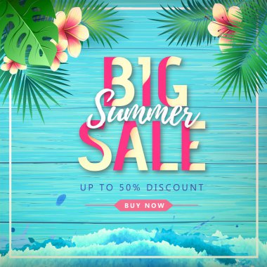 Tropik yaprakları ile ahşap grunge arka plan üzerinde Tipografi yaz büyük satış afiş