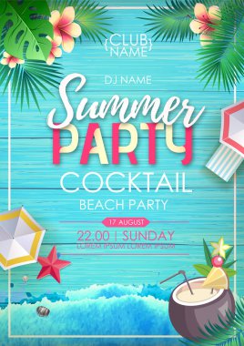 Tropik yaprakları ile ahşap grunge arka plan üzerinde Tipografi yaz plaj kokteyl parti afiş