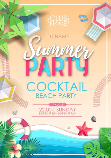 Poster de festa de verão na praia. Vista superior da praia de verão tropical com fundo oceânico. Papel recortado design de arte — Vetor de Stock