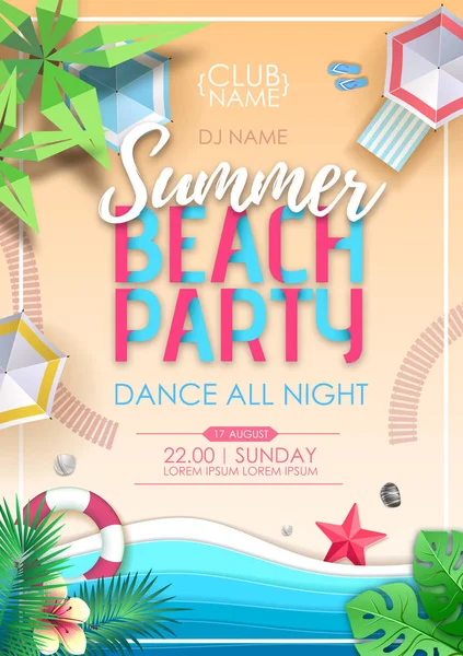 夏のビーチパーティーポスター。海の背景を持つ熱帯の夏のビーチのトップビュー。紙切り取りアートデザイン — ストックベクタ