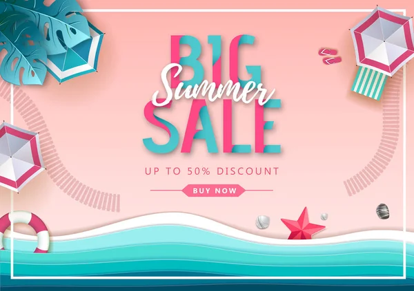 Big summer sale top view poster with beach landscape and sea waves. Cut out paper style design — Stock Vector