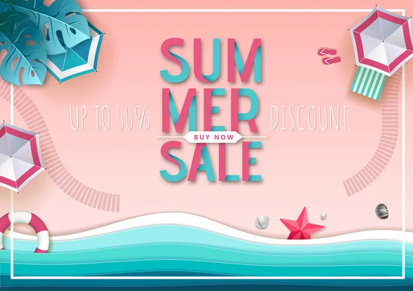 Plaj manzara ve deniz dalgaları ile Büyük yaz satış üst görünüm afiş. Kağıt stili tasarımını kesin