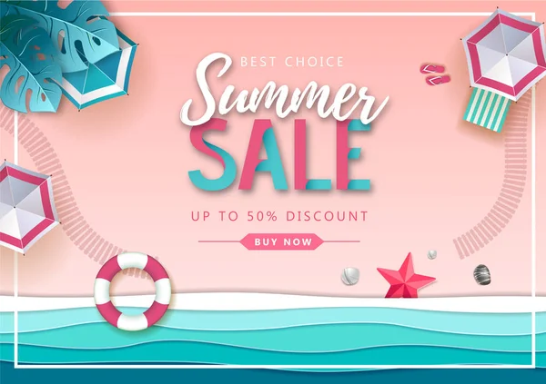 Plaj manzara ve deniz dalgaları ile Büyük yaz satış üst görünüm afiş. Kağıt stili tasarımını kesin