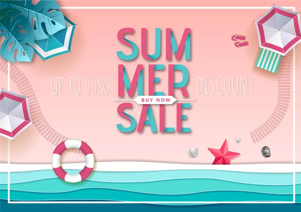 Plaj manzara ve deniz dalgaları ile Büyük yaz satış üst görünüm afiş. Kağıt stili tasarımını kesin