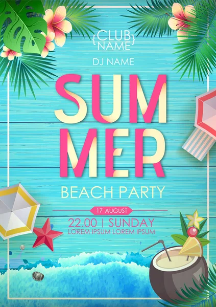 Typography summer beach cocktail party poster on wooden grunge background with tropic leaves — Stock Vector