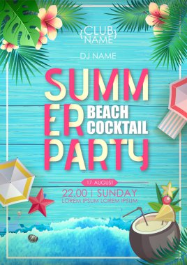 Typography summer beach cocktail party poster on wooden grunge background with tropic leaves clipart