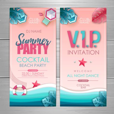 Yaz partisi afiş tasarımı. Disko parti davetiye tasarımı. Okyanus arka plan lı tropik yaz plajının en iyi görünümü.