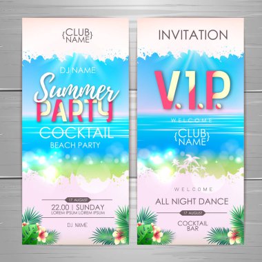 Yaz partisi afiş tasarımı. Disko parti davetiye tasarımı. Okyanus arka plan lı tropik yaz plajının en iyi görünümü.