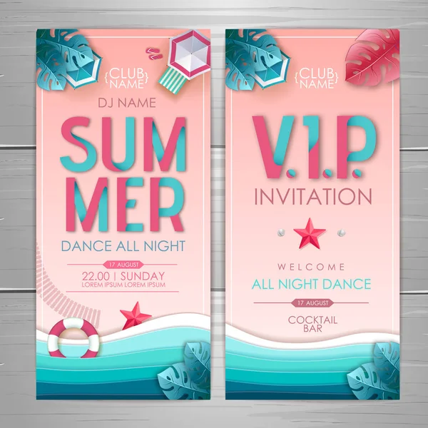 Дизайн плакату літньої вечірки. Дискотечний дизайн запрошення на вечірку. Вид зверху на тропічний літній пляж з океанським фоном . — стоковий вектор