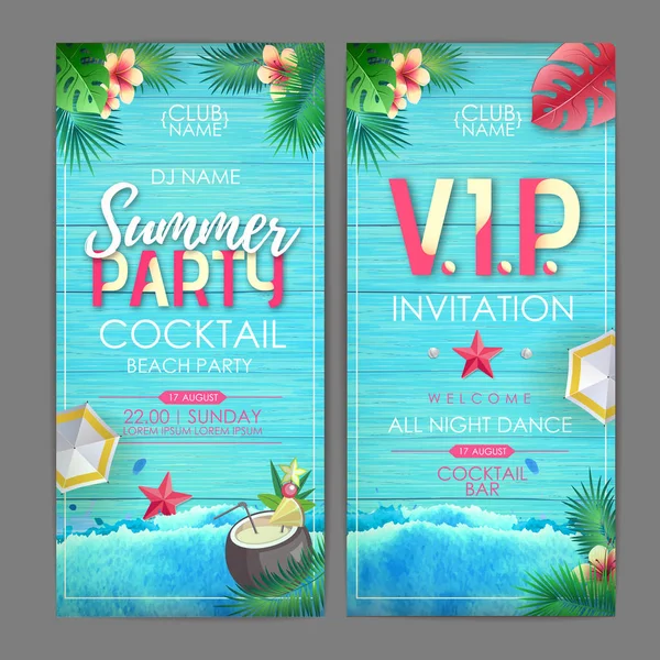 Summer cocktail party poster design. Disco party invitation design on wooden grunge background with tropic leaves — Stock Vector