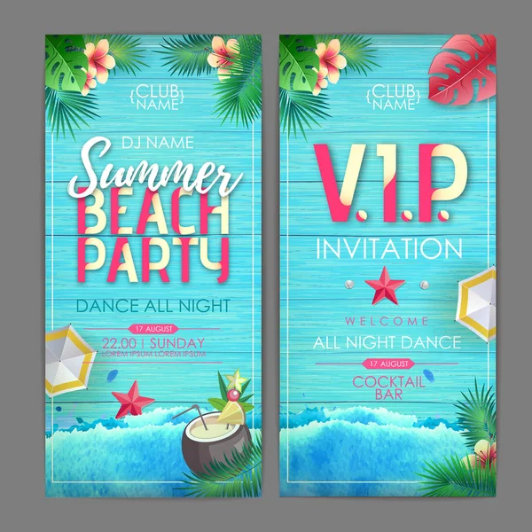 Summer cocktail party poster design. Disco party invitation design on wooden grunge background with tropic leaves — Stock Vector