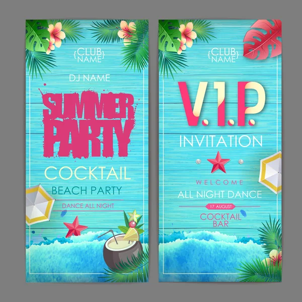Дизайн плакату літньої коктейльної вечірки. Дискотека запрошення на вечірку на дерев'яному гранжевому фоні з тропічним листям — стоковий вектор