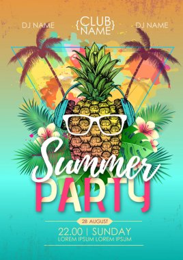 Ananas ve tropik yaprakları ile Yaz plaj parti disko afiş