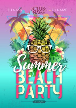 Ananas ve tropik yaprakları ile Yaz plaj parti disko afiş