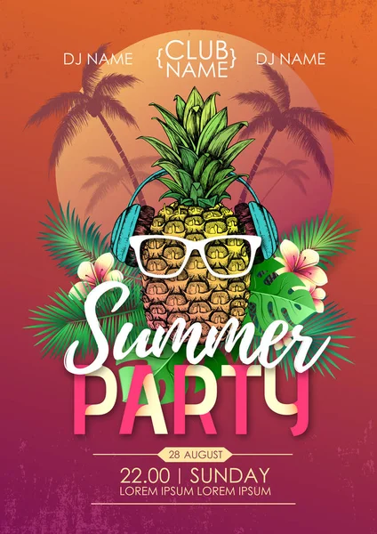 パイナップルと熱帯の葉と夏のビーチパーティーディスコポスター — ストックベクタ