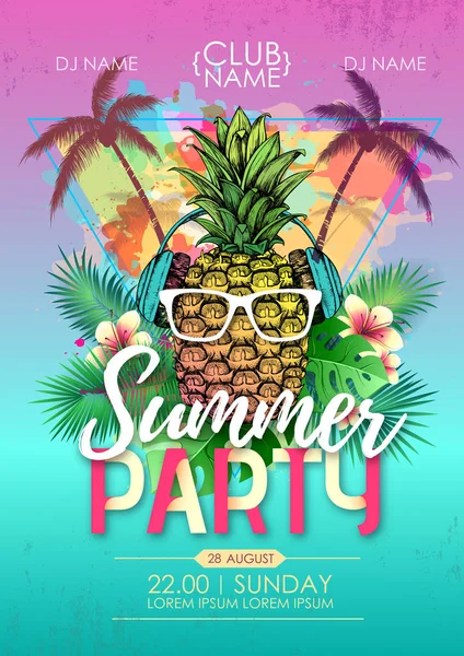 Summer beach party affiche disco avec ananas et feuilles tropiques — Image vectorielle