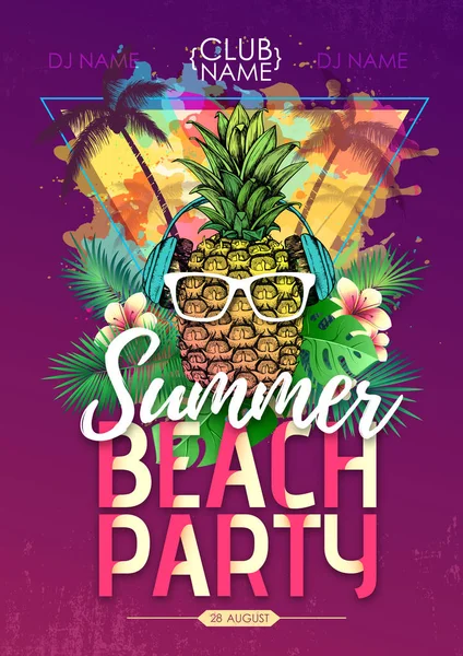 Na letních plážové diskotéce s ananas a tropickými listy — Stockový vektor