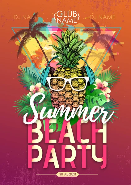 Summer beach party affiche disco avec ananas et feuilles tropiques — Image vectorielle