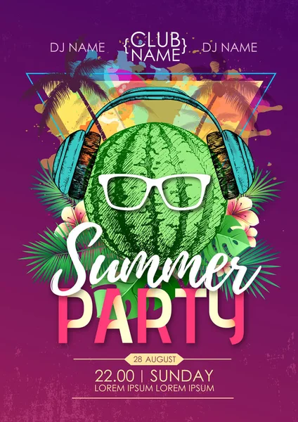 Καλοκαίρι παραλία πάρτυ ντίσκο αφίσα με καρπούζι και τροπικά φύλλα — Διανυσματικό Αρχείο