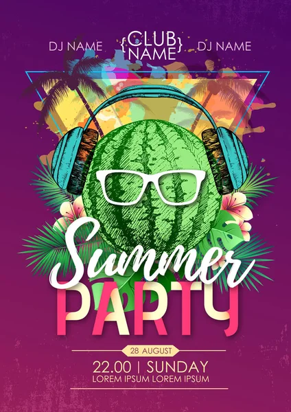 Summer beach party affiche disco avec pastèque et feuilles tropiques — Image vectorielle