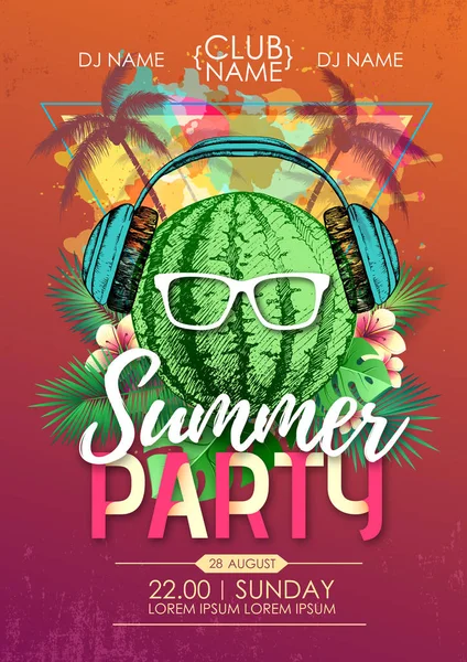 Καλοκαίρι παραλία πάρτυ ντίσκο αφίσα με καρπούζι και τροπικά φύλλα — Διανυσματικό Αρχείο