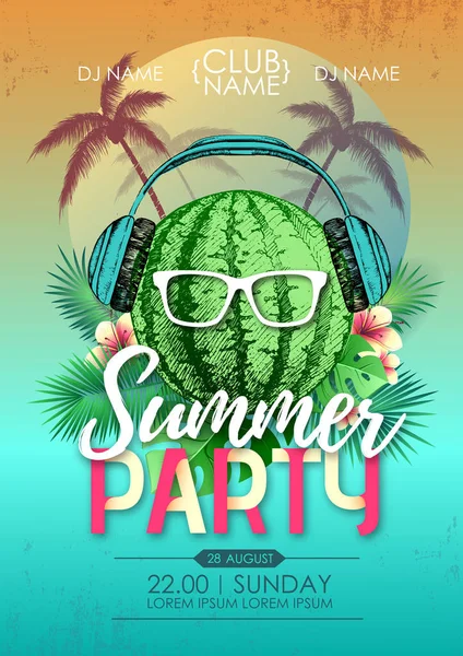 Cartel discoteca de fiesta de playa de verano con sandía y hojas tropicales — Vector de stock