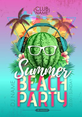 Karpuz ve tropik yaprakları ile Yaz plaj parti disko afiş