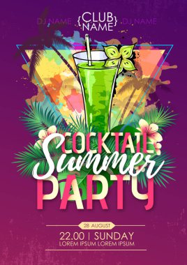Kokteyl ve tropik yaprakları ile Yaz plaj parti disko posteri