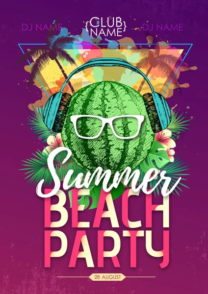 Na letních plážové diskotéce s melounem a tropickými listy — Stockový vektor