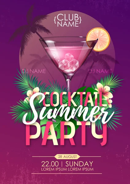 Summer beach party affiche disco avec cocktail et feuilles tropiques — Image vectorielle